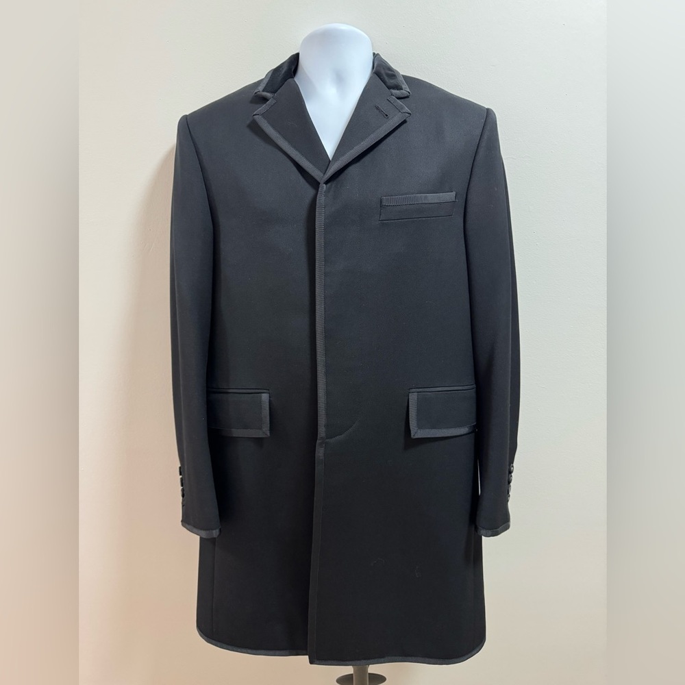 Thom Browne Men’s Black Wool Overcoat, Single Breasted, Grosgrain Trim, Size 1